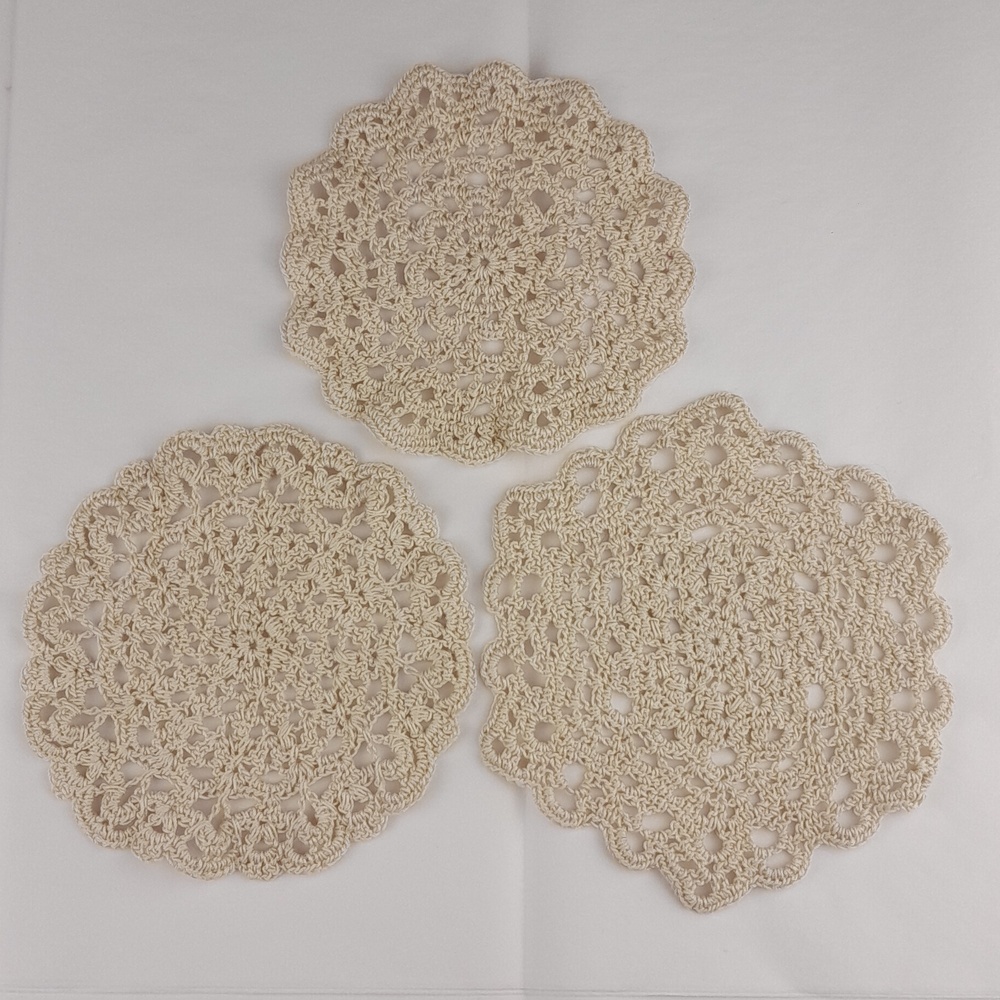 Set Of 3 Handmade Cream Cotton Crocheted Craft Motifs